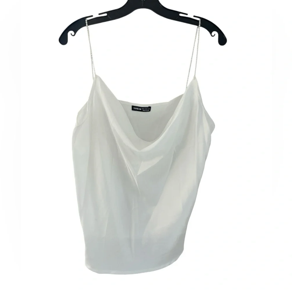 SHEIN Silky Satin White Pearl Shoulder Straps Camisole Tank Top Blouse M